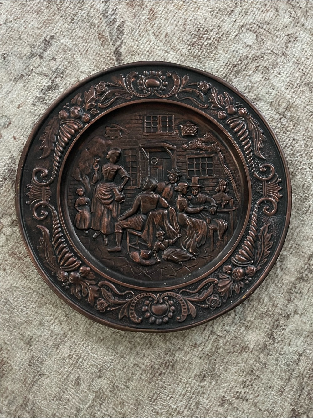 VTG Embossed Faux Copper Wall Plate 14” English Tavern Pub Scene Charger Metal
